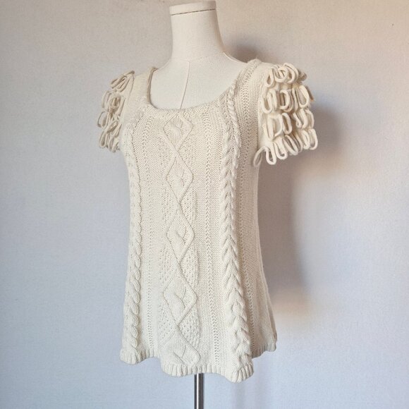 HWR by Anthropologie Looped Epaulet Cable Knit Short Sleeve Sweater Cream - Picture 4 of 12